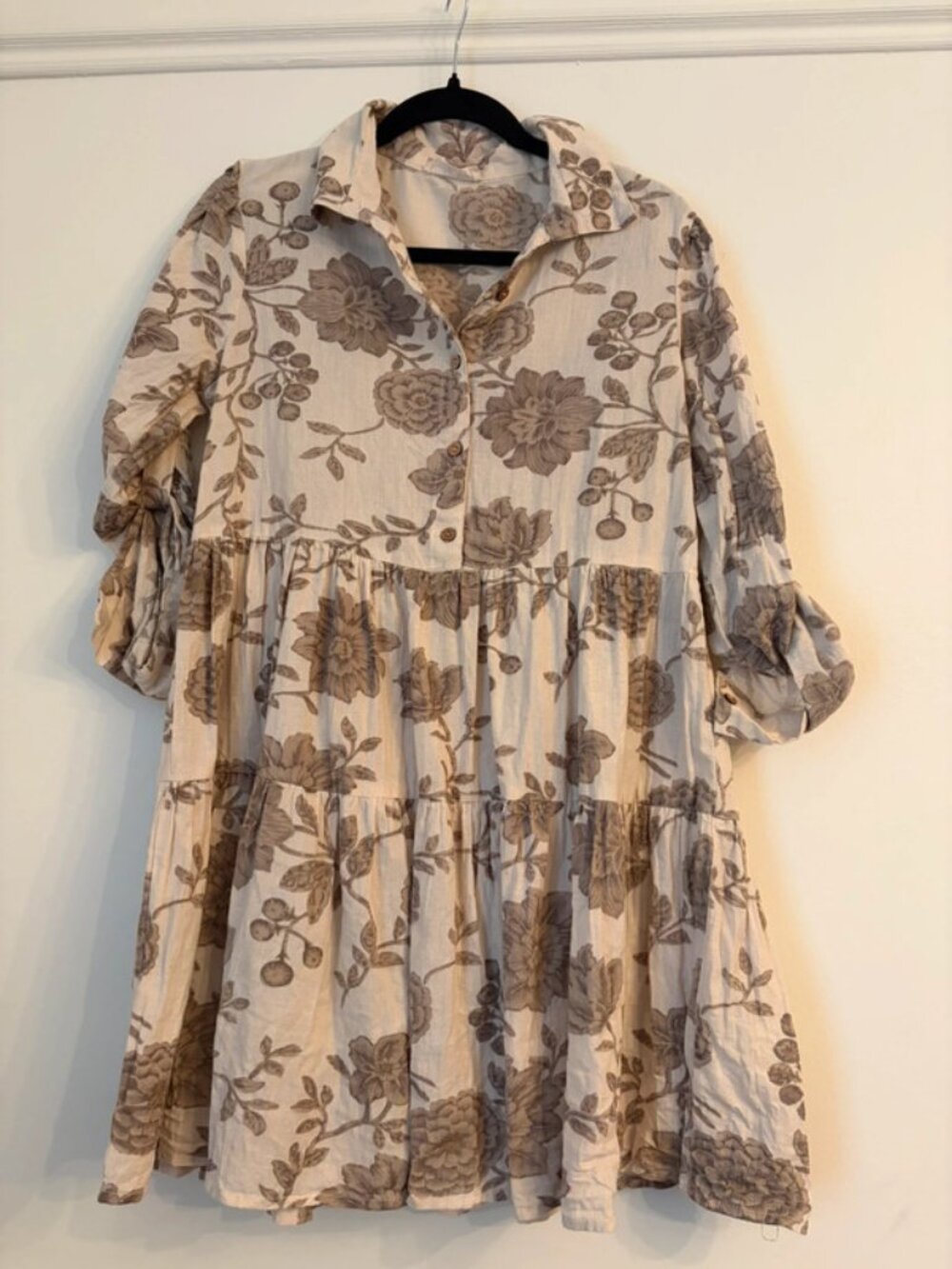 Violet Skies Cotton Flax Beige Floral Summer Dress Purple Size L